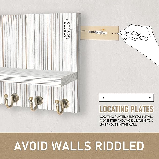 Rebee Vision Farmhouse Key and Mail Holder for Wall - Decorative Mail Organizer Wall Mount with 7 Hooks and Mounting Hardware - Elegant White Key Hanger for Entryway and Home Wall Decor (Whitewash)