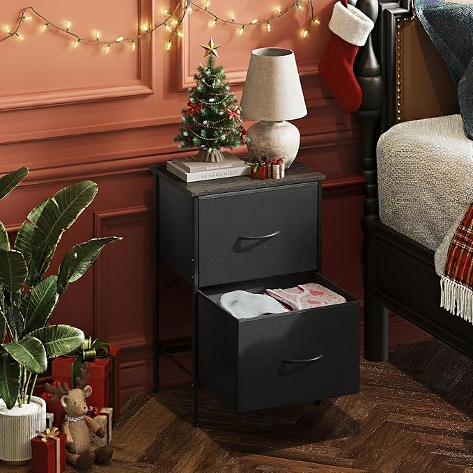 WLIVE Night Stand, Small Dresser with 2 Drawers & Wooden Top, Nightstand with Fabric Bins, Bedside Table End Table for Bedroom, Closet, Entryway, College Dorm, Black