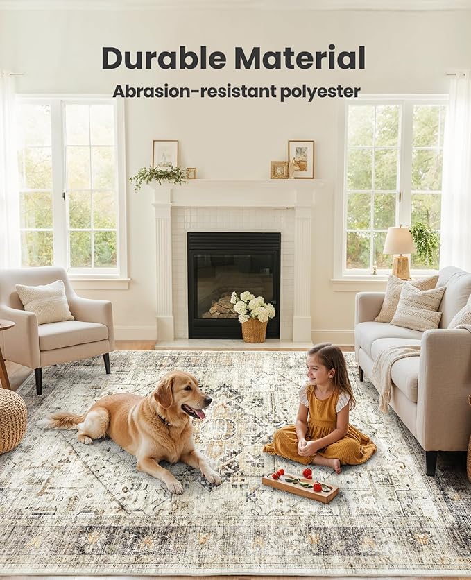 AMADA HOMEFURNISHING 8x10 Area Rugs, Low-Profile Large Washable Area Rug with Non-Slip Backing & Durable Edge Binding, Vintage Rugs for Living Room, Bedroom, Dinning Room