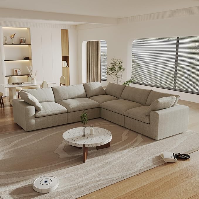 WJShome Cloud Modular Sectional Sofa,160.6" Down Filled 5 Seater Couch,V Shaped Oversized Convertible Sectional Sofa for Living Room,Covers Removable & Washable, Khaki