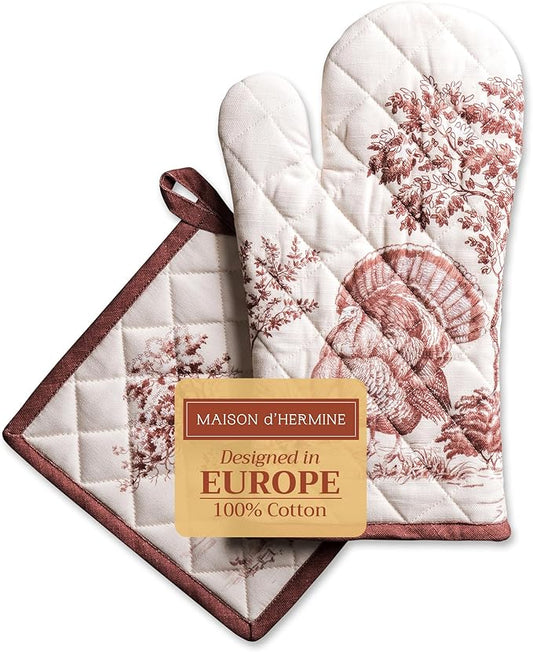 Maison d' Hermine 100% Cotton Oven Mitt & Pot Holder Set (7.5"x13" & 8"x8") Heat Resistant BBQ Cooking Gloves with Loop for Thanksgiving Christmas Decorations Handling Hot Pans (Holy Jouy - Brown)