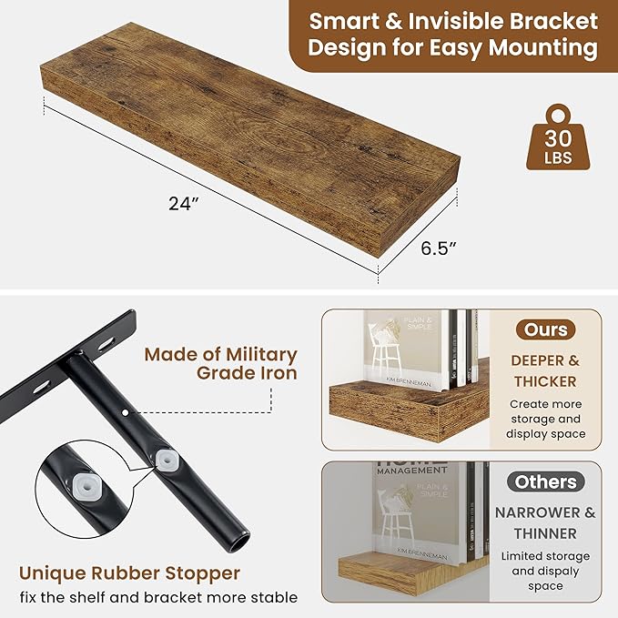 fuqing Floating Shelves for Wall, Wall Mounted Wood Floating Shelf with Invisible Brackets for Living Room, Bathroom, Bedroom, Kitchen Storage and Decor, 24 Inch Set of 2, Rustic Brown