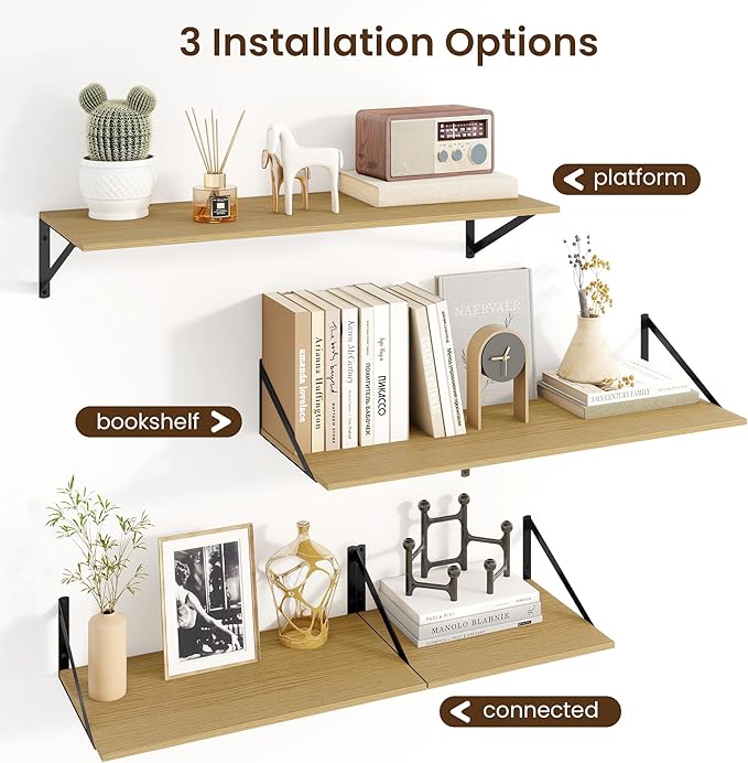 Fun Memories Floating Shelves for Wall, 12 Inch Deep Floating Shelves Set of 2, 16W x 12D Large Wall Shelf with Sturdy Metal Brackets for Living Room, Bathroom, Bedroom and Kitchen, Oak