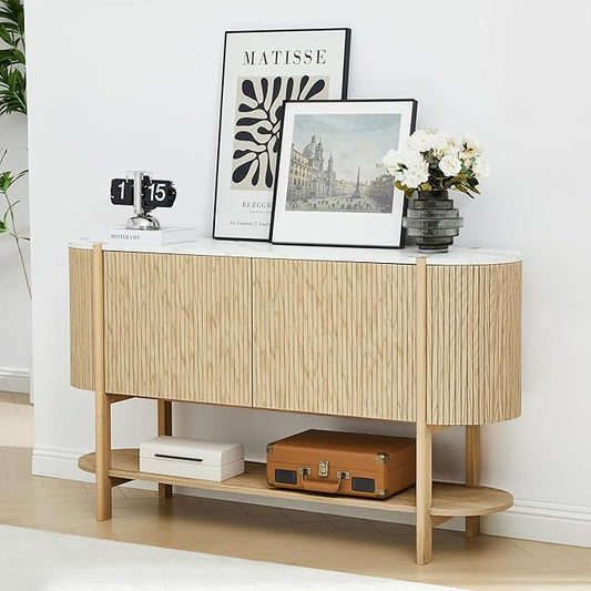 Console Table with Storage, Fluted Entryway Table with 2 Doors and Open Shelf, Long Sofa Table Behind Couch for Living Room, Hallway (Natural)