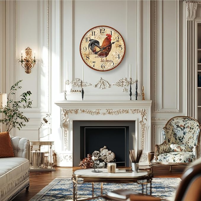 24 Inch Large Vintage Rooster Clock for Living Room,Silent Retro Farmhouse Wall Clock for Kitchen Bedroom,Rustic No-Ticking Wall Clock Battery Operated for Home Office School