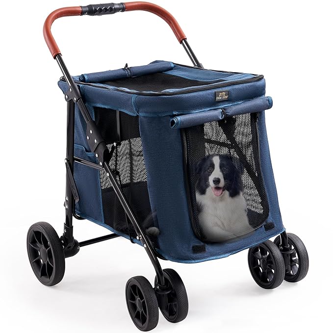 Upgraded 4 Wheels Pet Stroller for Small/Medium Dogs- One Button Fold, Adjustable Mesh Windows and Shades, 360° Swivel Front Wheels and Rear Wheel Brake