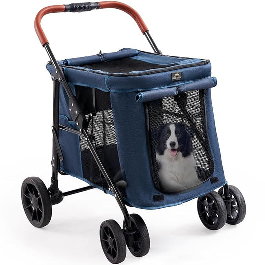 Upgraded 4 Wheels Pet Stroller for Small/Medium Dogs- One Button Fold, Adjustable Mesh Windows and Shades, 360° Swivel Front Wheels and Rear Wheel Brake