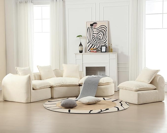 137.8” Curved Boucle Sofa Couch, Modern Sectional Sofa Cloud Deep Seat Couch with 4 Pillows, Comfy Modular 5-Seat Couches for Living Room Apartment (Beige)