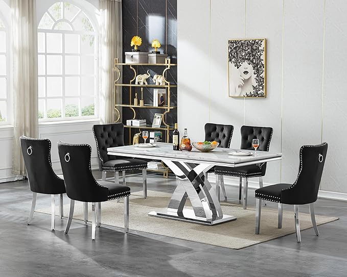 Goujxcy 7-Piece Dining Table Set Modern Faux Marble Dining Table Set for 6, Luxury 68" Long Faux Marble Kitchen Table with 6 Velvet Upholstered Chairs & Mirrored Stainless Steel Base