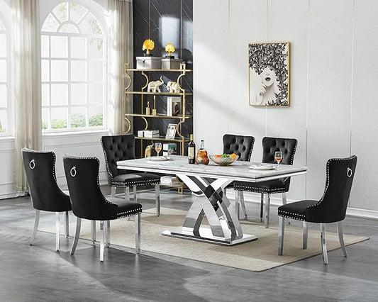Goujxcy 7-Piece Dining Table Set Modern Faux Marble Dining Table Set for 6, Luxury 68" Long Faux Marble Kitchen Table with 6 Velvet Upholstered Chairs & Mirrored Stainless Steel Base
