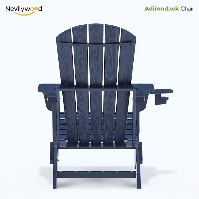 nevilywood Folding Adirondack Chair - Extended Ergonomic Backrest, Cup Holder - Easy Assembly - Durable HDPE Plastic, Weather Resistant & Maintenance-Free - Lawn, Patio, Deck Supports 380lbs NavyBlue