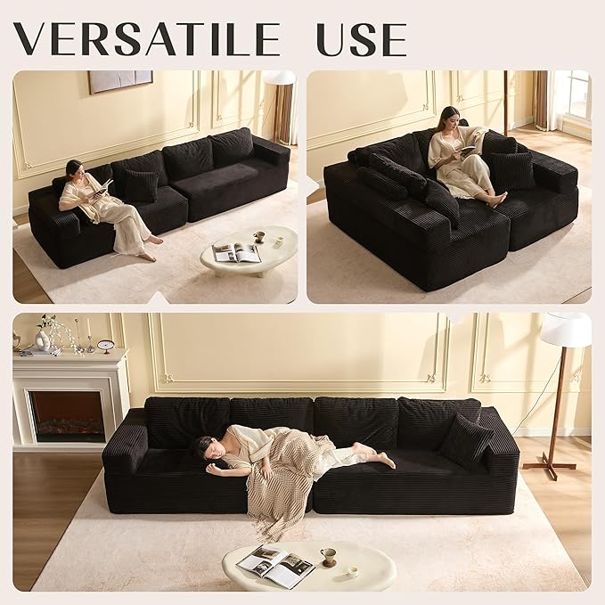 138" Modular Sofa Memory Foam Sectional Couches for Living Room, Sleeper Sofa Bed, Corduroy, Black
