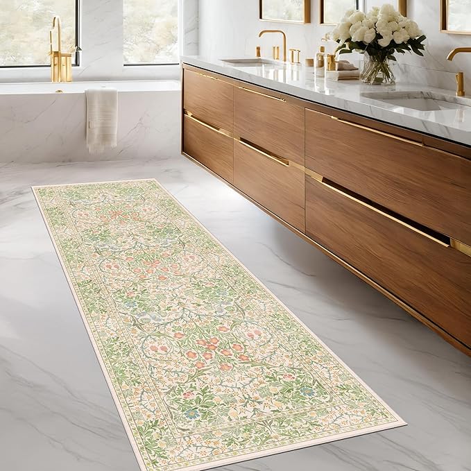 Non Slip Beige Green Bathroom Runner Rug - Long Runner Rugs 24 x 72 Washable Kitchen Floor Mat, Laundry Room Rug, Hallway Runner - Vintage Floral Design Décor (2x6 Beige Green)