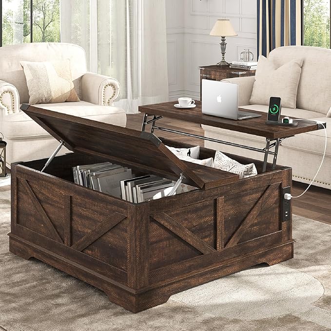 40” Large Farmhouse Lift Top Coffee Table with Power Outlets and Large Hidden Storage, Square Wood Living Room Tables, Multi-Function Lift Wooden Barn Door Center Table, Brown