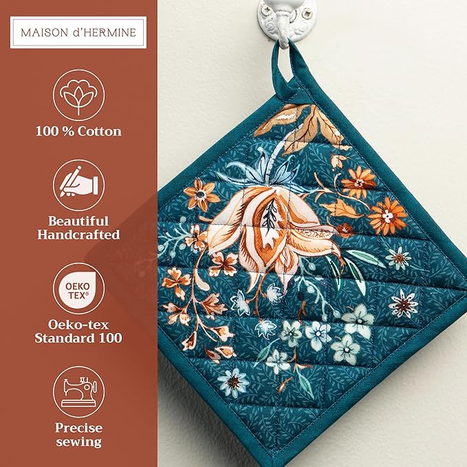 Maison d' Hermine Pot Holders 100% Cotton Heat Resistant Potholders 8" x 8" Hot Pads with Loop for Thanksgiving Christmas Decorations Baking Handling Hot Pans (Pack of 1, Luxury Loft - Dark Teal)
