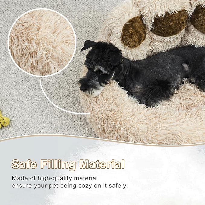 Jiupety Paw Shape Calming Pet Bed, Medium Plush Faux Fur Donut Bed for Dogs & Cats, Machine Washable, Non-Slip Bottom, Extra Large Size (32"×32"×10"), Camel