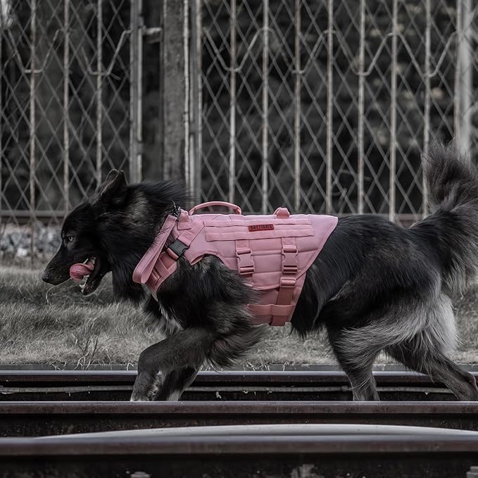 OneTigris Large Tactical Dog Harness, No Pulling Adjustable Dog Vest Harness, Heavy Duty Dog Harness with Handle, Large Hook and Loop Panels for Patch(Pink,L