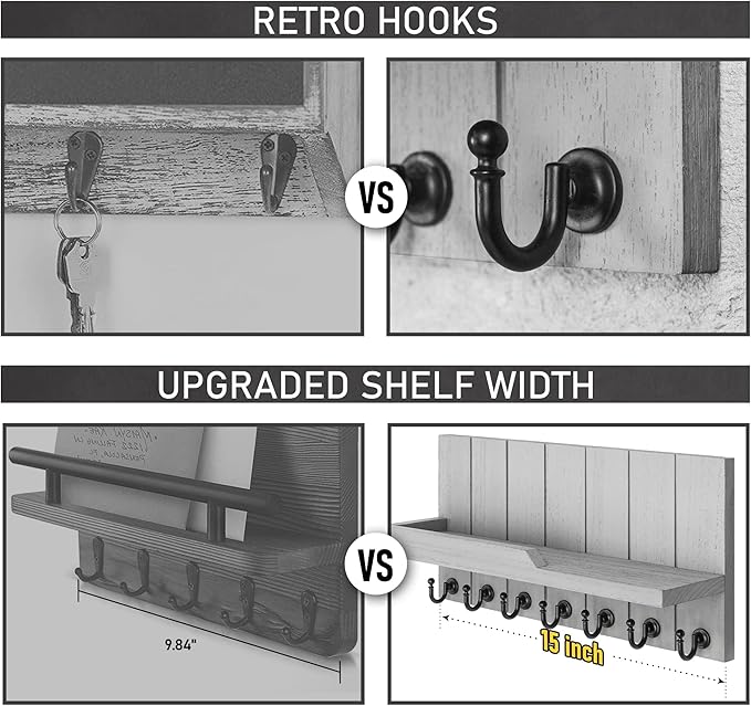 Rebee Vision Decorative Key and Mail Holder for Wall - Farmhouse 15 Inches Floating Shelf with 7 Sturdy Key Hooks for Home Entryway Wall Decor - Rustic Key Racks (Gray)