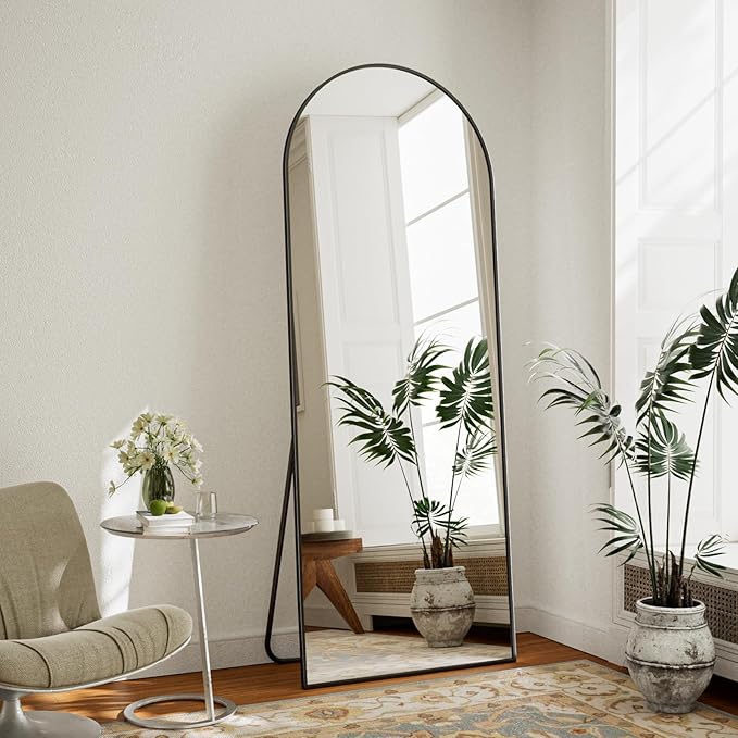 Arched Full Length Mirror - 65 x 24 inch Full Body Floor Mirror, ShatterVue Tempered Glass, Standing, Leaning, Wall Mounted for Living Room, Bedroom, Black