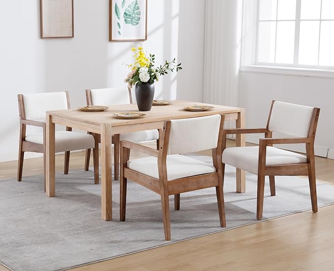 EALSON Upholstered Dining Chairs Set of 4 Mid Century Dining Room Arm Chairs with Hardwood Frame Modern Farmhouse Kitchen Side Chairs for Living Room, Beige Linen