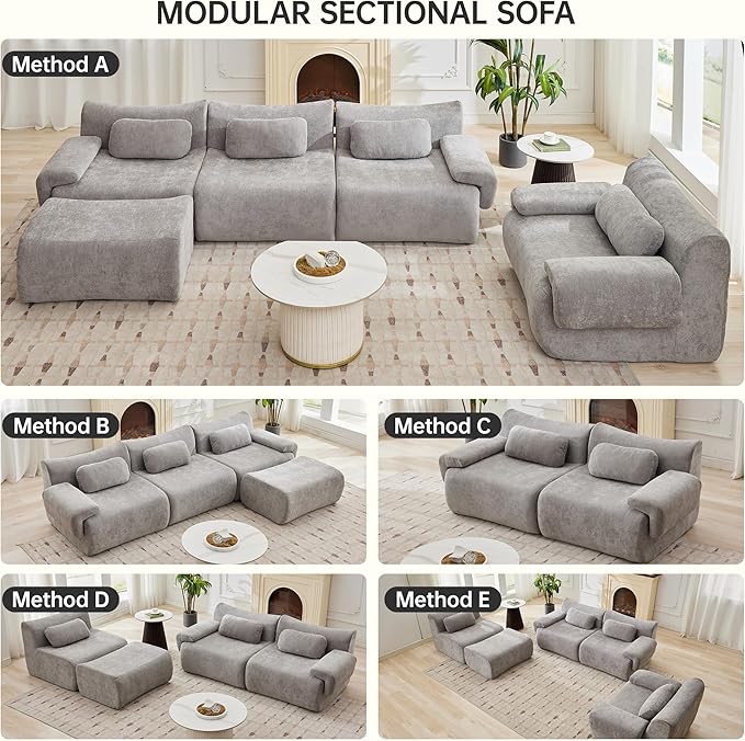117”L Shaped Modern Sofa Modular Sectional Cloud Couch with Ottoman,Oversized Boneless Sofa,3+1 Seater Chenille Deep-Seat Sofa with 3 Pillows,Suitable for Living Room or Bedroom (Grey)