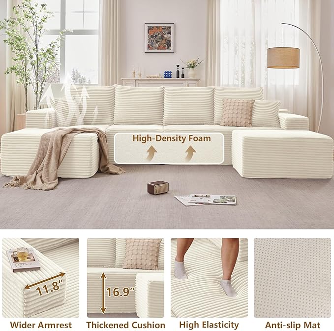 135" L-Shape Sofa with Ottoman, Modern Modular Sectional Comfy U-Shape Cloud Couch, Deep Seat, Upholstered Corduroy Sleeper Chaise Longue for Living Room Bedroom, No Assembly Required, White