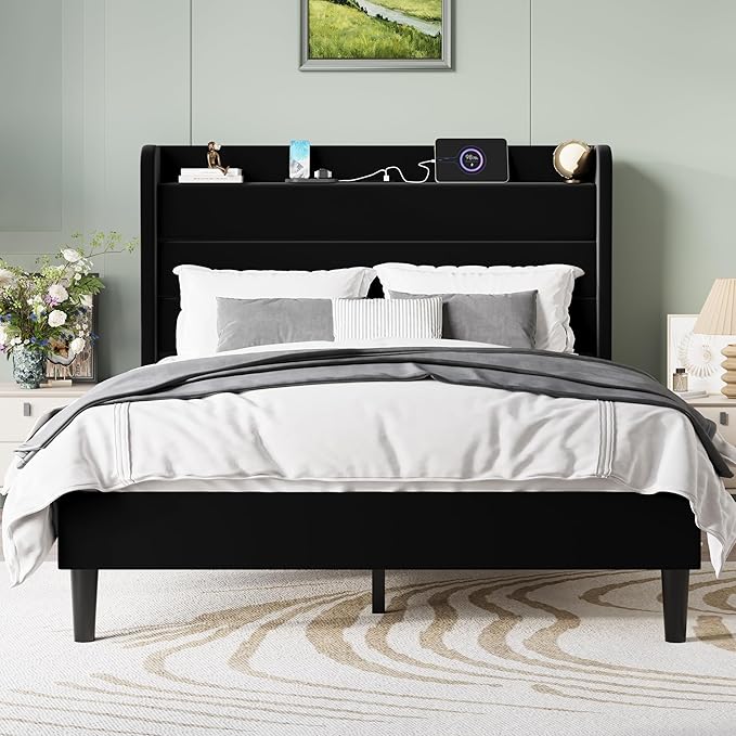 SHA CERLIN Full Size Bed Frame with Charging Station, Velvet Upholstered Platform Bed, Wingback Storage Headboard, Type-C & USB Ports, Strong Wooden Slats, No Box Spring Needed, Easy Assembly, Black