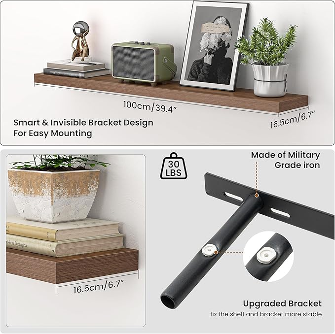 Heimlove Floating Shelves for Wall 40 Inch,Mounted Storage & Display Hanging Shelf with Invisible Brackets,for Bedroom,Living Room,Kitchen,Office,Set of 2,Walnut Color