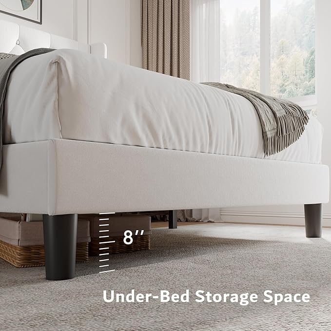 iPormis Queen Size Velvet Platform Bed Frame with Button Tufted Headboard, Upholstered Bed Frame with Solid Wooden Slats, 8" Underbed Space, No Box Spring Needed, Noise Free, Easy Assembly, White