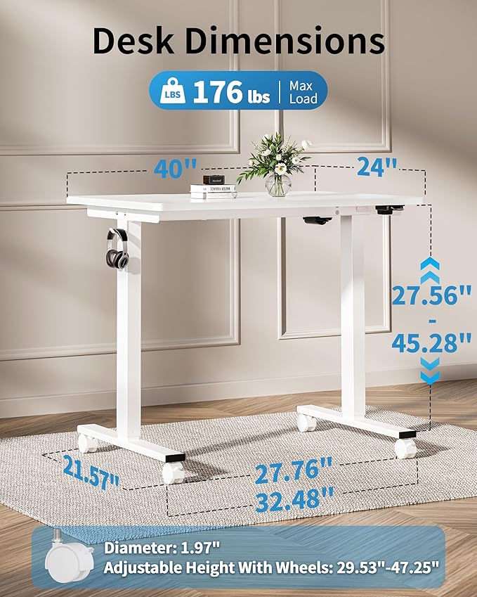 Okin Electric Standing Desk, 40 x 24 Inches Whole Piece Height Adjustable Desk, White Sit to Stand Desks Computer Workstation with Wheels for Home Office
