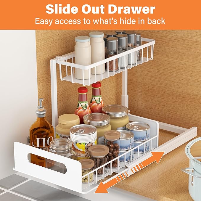 2 Pack Under Sink Organizer, 2 Tier Pull Out Cabinet Organizer,Slide out Metal Cabinet Organizers Multi-Purpose Drawer Shelf for Kitchen Bathroom Pantry Cabinet Closet Organization Rack,White