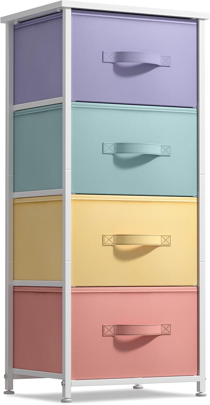 Sorbus Nightstand with 4 Drawers - Bedside Furniture & Accent End Table Chest for Home, Bedroom, Office, College Dorm, Steel Frame, Wood Top, Easy Pull Fabric Bins (4-Drawer, Pastel/White)
