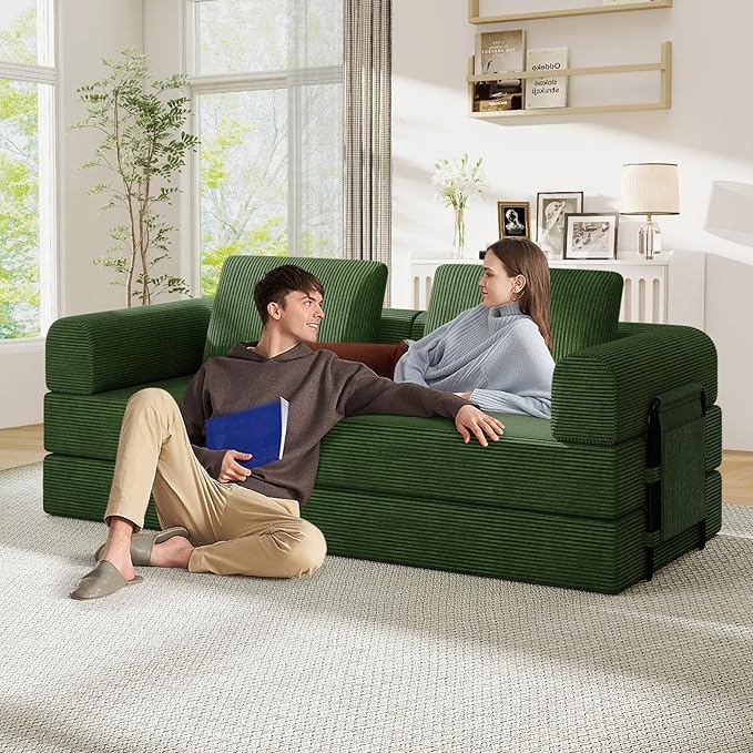 Antetek Convertible Sofa Bed, Comfy Corduroy Fluffy Love seat Sleeper Sofa, 5 in 1 Folding Couch Bed, Fold Out Floor Couch with Pillows for Bedroom, Living Room, Office, Pinstripe, Green