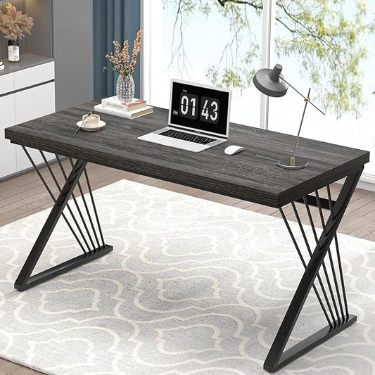 FOLUBAN Modern Home Office Desk, Rustic Wood and Metal Computer Desk, Writing Study Gaming Table PC Desks for Living Room Bedroom, Industrial Dark Gray, 53 inch