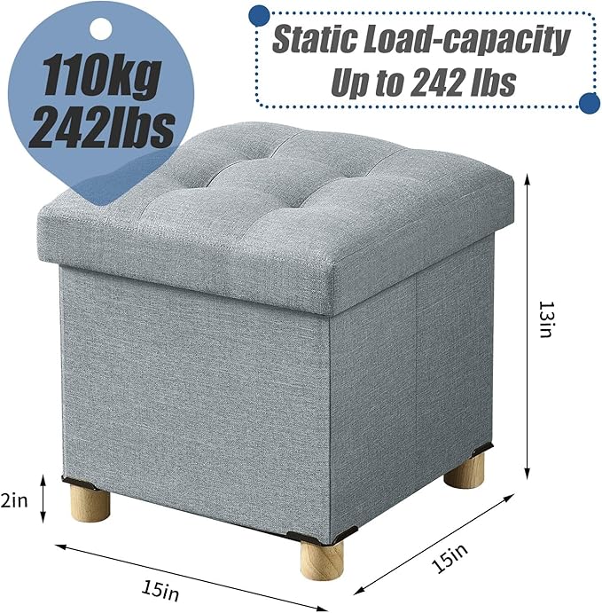 BRIAN & DANY 15 Inches Ottoman with Storage, Square Small Storage Ottoman Foot Rest with Legs, Ottomans Foot Stool for Dorm, Living Room, Entryway (Light Gray)