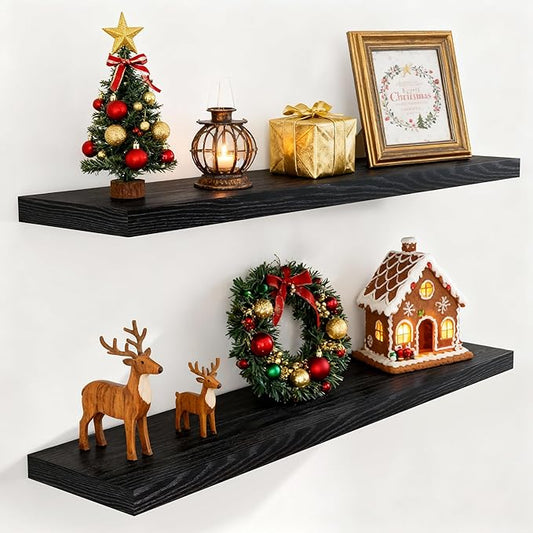 Fun Memories Floating Shelves for Wall, 48 x 9.3 Large Floating Shelf Wall Mounted Set of 2, Rustic Wood Shelves for Bathroom, Kitchen, Living, Heavy-Duty Storage Deep Shelf for Books, Decor, Black