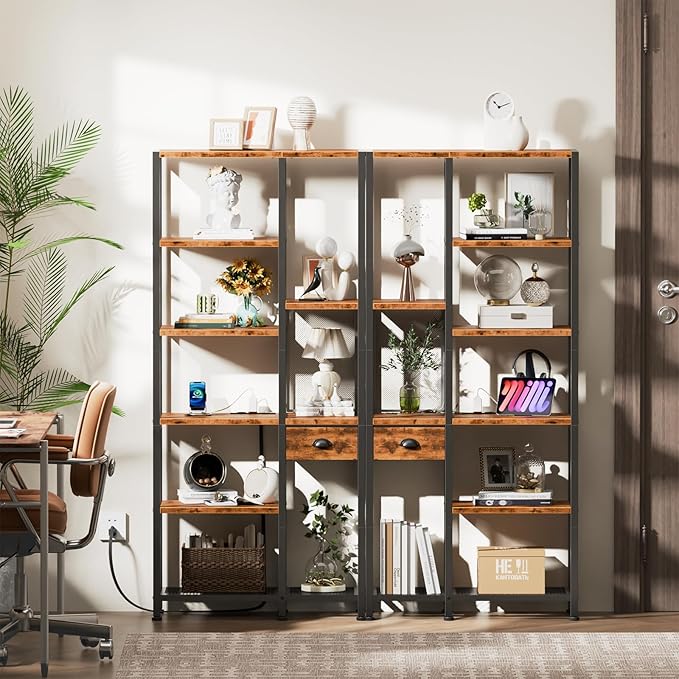 Furologee Bookshelf with USB Ports and Outlets, Shelf with Drawer, Industrial Display Shelves with Charging Station, 6 Tier Storage Shelves for Bedroom, Living Room, Home Office, Rustic Brown