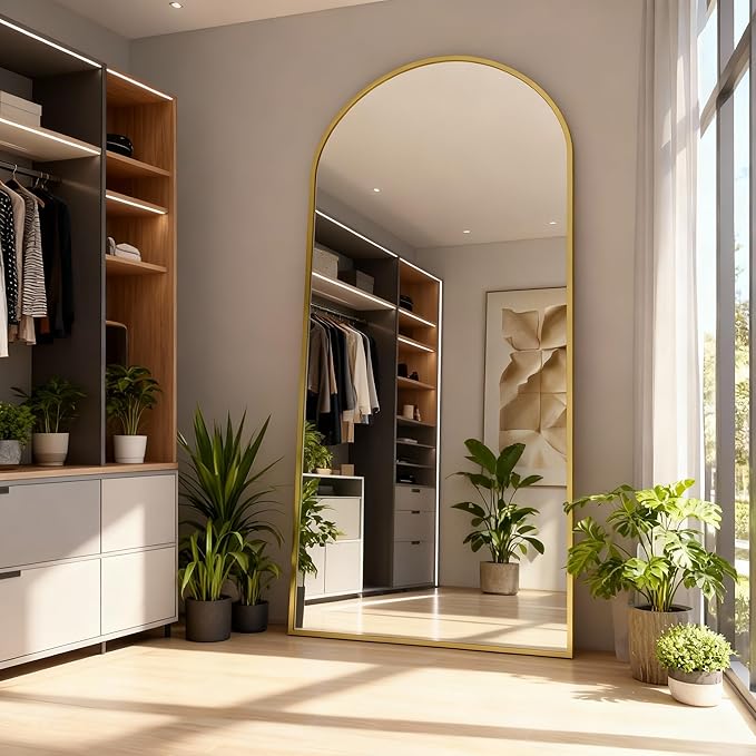 Arched Full Length Mirror,76" L x 34" W Floor Mirror, Aluminum Alloy Frame, Shatterproof Glass - Free Standing, Leaning or Wall Mounted for Bedroom, Living Room, Entryway, Modern Home (Gold)