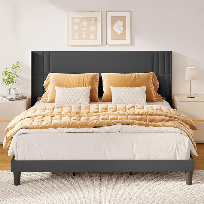 Gizoon King Size Bed Frame, Wingback Upholstered Platform Bed with Steel Frame, Wooden Slats, Noise-Free, No Box Spring Needed