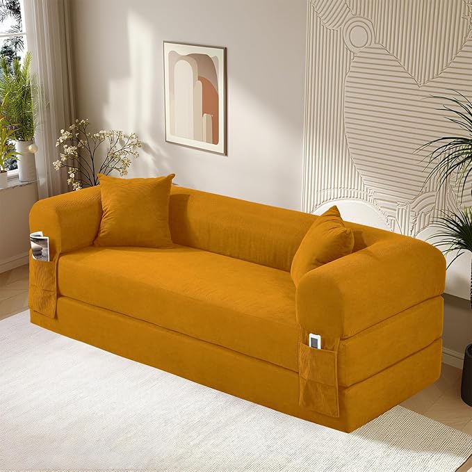 80" Convertible Sofa Bed,Folding Pull Out Couch with Pillows & Storage Pocket,Modular Corduroy Queen Sleeper Sofa in a Box,No Assembly Boneless Couch for Living Room,Yellow