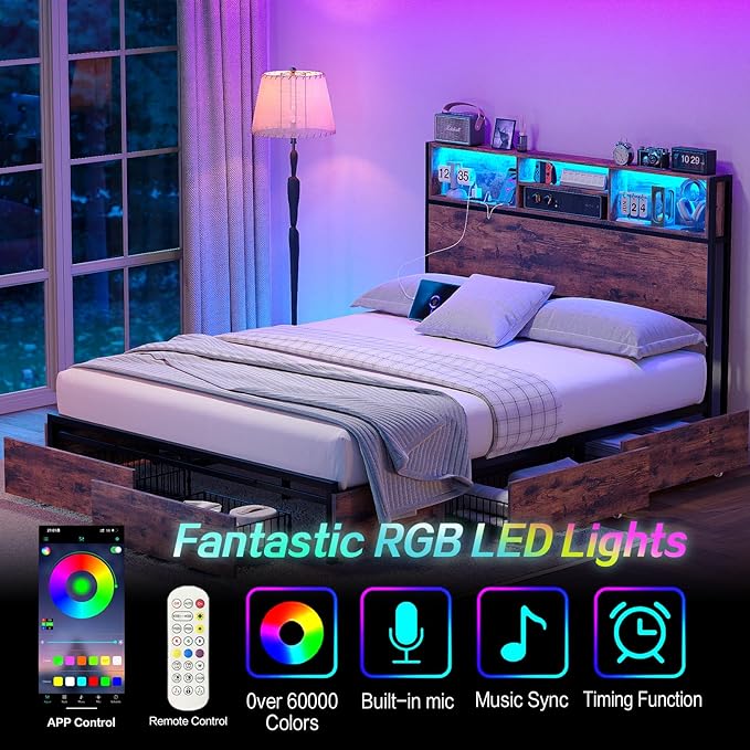 Queen Bed Frame with LED Headboard & Charging Ports, Rustic Wood Platform Bed Frame Queen Size with 6 Storage Drawers and Display Shelf, Heavy-Duty Metal Frame, No Box Spring Needed, Brown