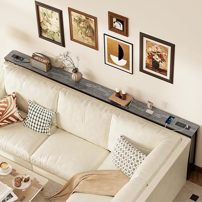 SUPERJARE 110.2 Inch Sofa Table with Power Outlets and USB-C Ports, 5.9 Inch Narrow Console Tables, Entryway Hallway Couch Tables with Storage, Behind Sofa, Small Spaces, Living Room, Grey