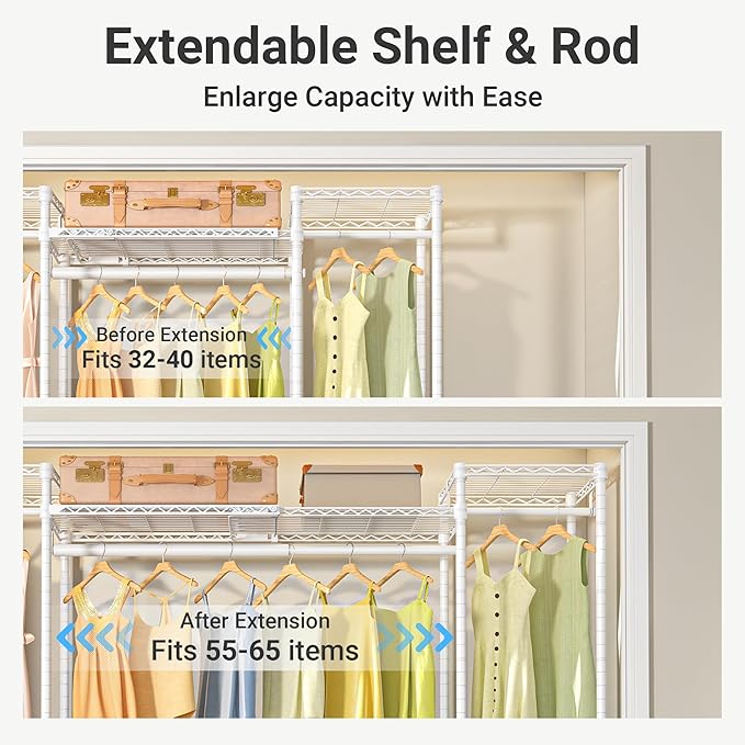 VIPEK X30 Expandable Clothes Rack Adjustable from 5' to 6'11", 950lbs Capacity Heavy Duty Portable Closet with 4 Hanger Rods & 7 Wire Shelves, Metal Wardrobe System for Reach-in Closet, White