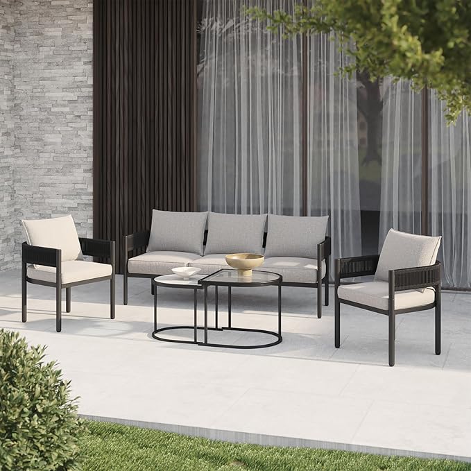 Gand Patio Outdoor 3-Seat Couch Sofa, Wicker Conversation Set with Thick Cushion for Porch, Garden, Yard, Beige