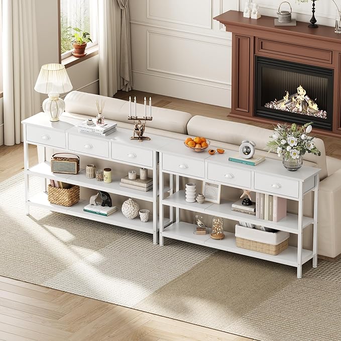 Furologee White Long 47" Console Sofa Table with 3 Drawers, Entryway Table with 3-Tier Storage Shelves, Display Shelf for Entry Way, Hallway, Couch, Living Room, Kitchen, Foyer