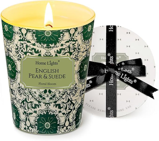 HomeLights Soy Wax Candles for Home Scented, 1-Wick Candles in English Pear & Suede Scented, Aromatherapy Candles Gift for Parties, Relaxing, Bohemian Natural Textures, 6.7oz