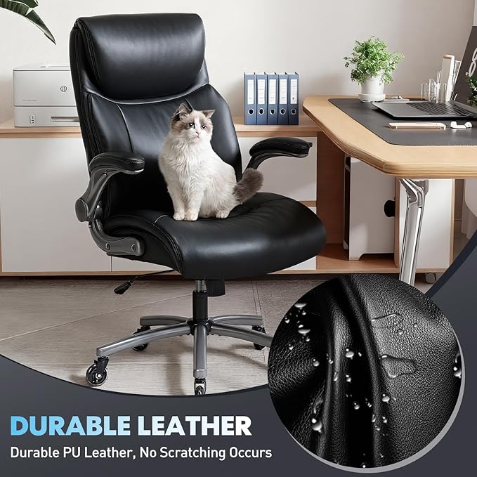 Ergonomic High-Back Executive Office Chairs, Heavy Duty Home Computer Chair with Lumbar Support, Flip-Up Arms, and PU Leather Upholstery, Black