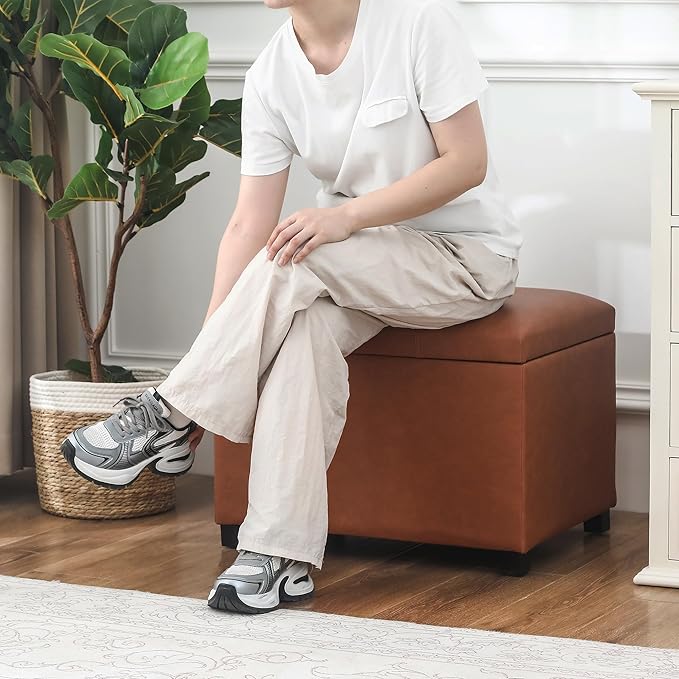 Joveco 24" Leather Storage Ottoman Bench, Rectangle Foot Rest Stool for Living Room, Bedroom, Entryway, Cognac Brown