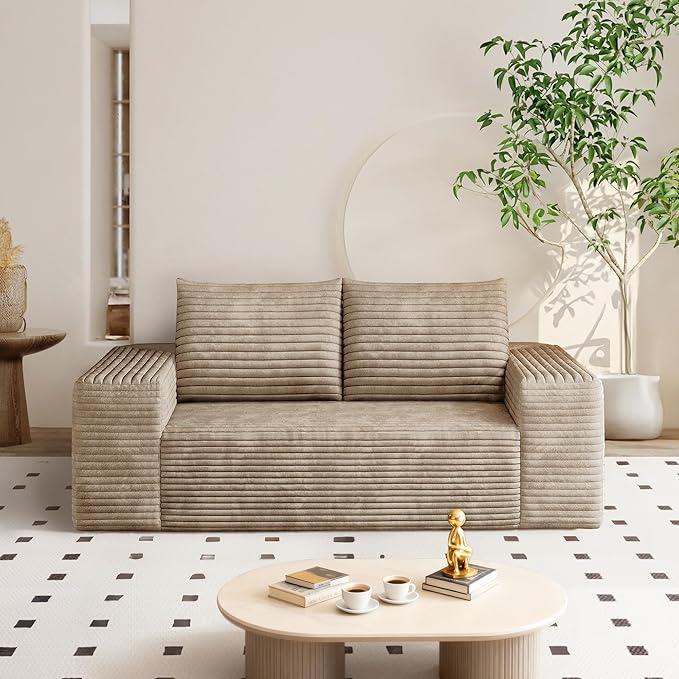 63" Corduroy Loveseat Sofa, 2-Seater Cloud Couch, Boneless Couch in a Box, Comfy Deep Seat Sofa with Memory Foam, Pillows and Wide Armrests, Modern Small Couches for Small Spaces, No Assembly (Camel)