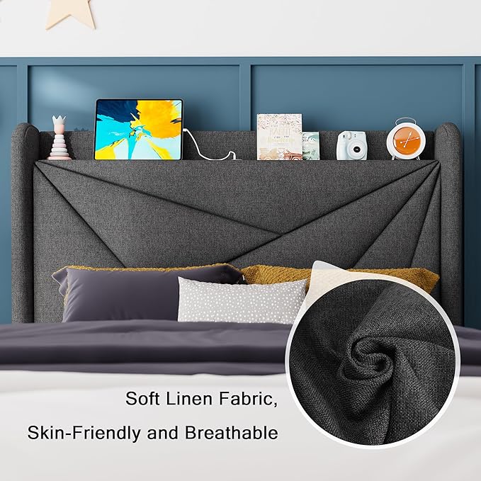 Feonase Twin Size Bed Frame with Charging Station, Upholstered Linen Bedframe with Wingback Headboard, Solid Wood Slats Support, No Box Spring Needed, Noise Free, Charcoal Grey